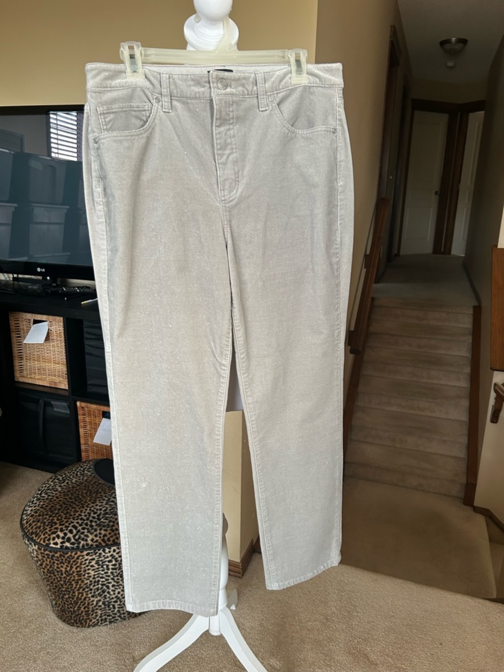 Light Grey Straight-Leg Stretch Corduroy Pants with Silver Shimmer